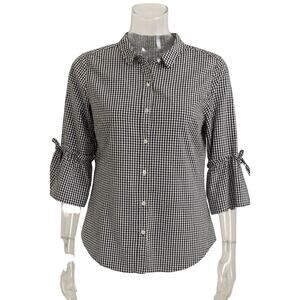 Gingham Blouse XXS Black White Check Button-Up Cotton Blend Tie Sleeve